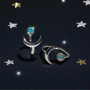 Silver Crescent Moon Ring with Blue Gemstone/Mood Stone